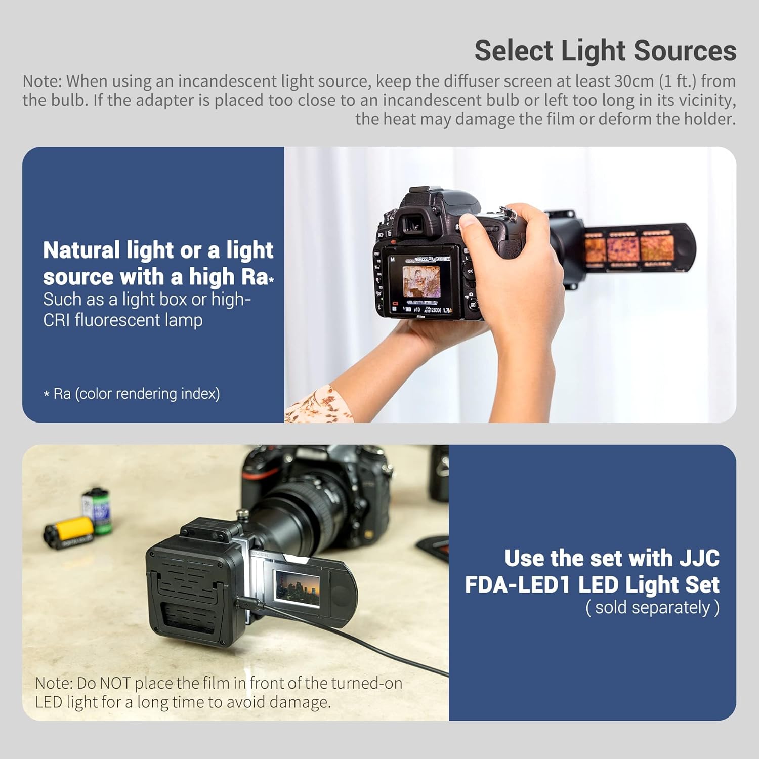 Examples of recommended light sources for film digitizing, including natural light and an LED light