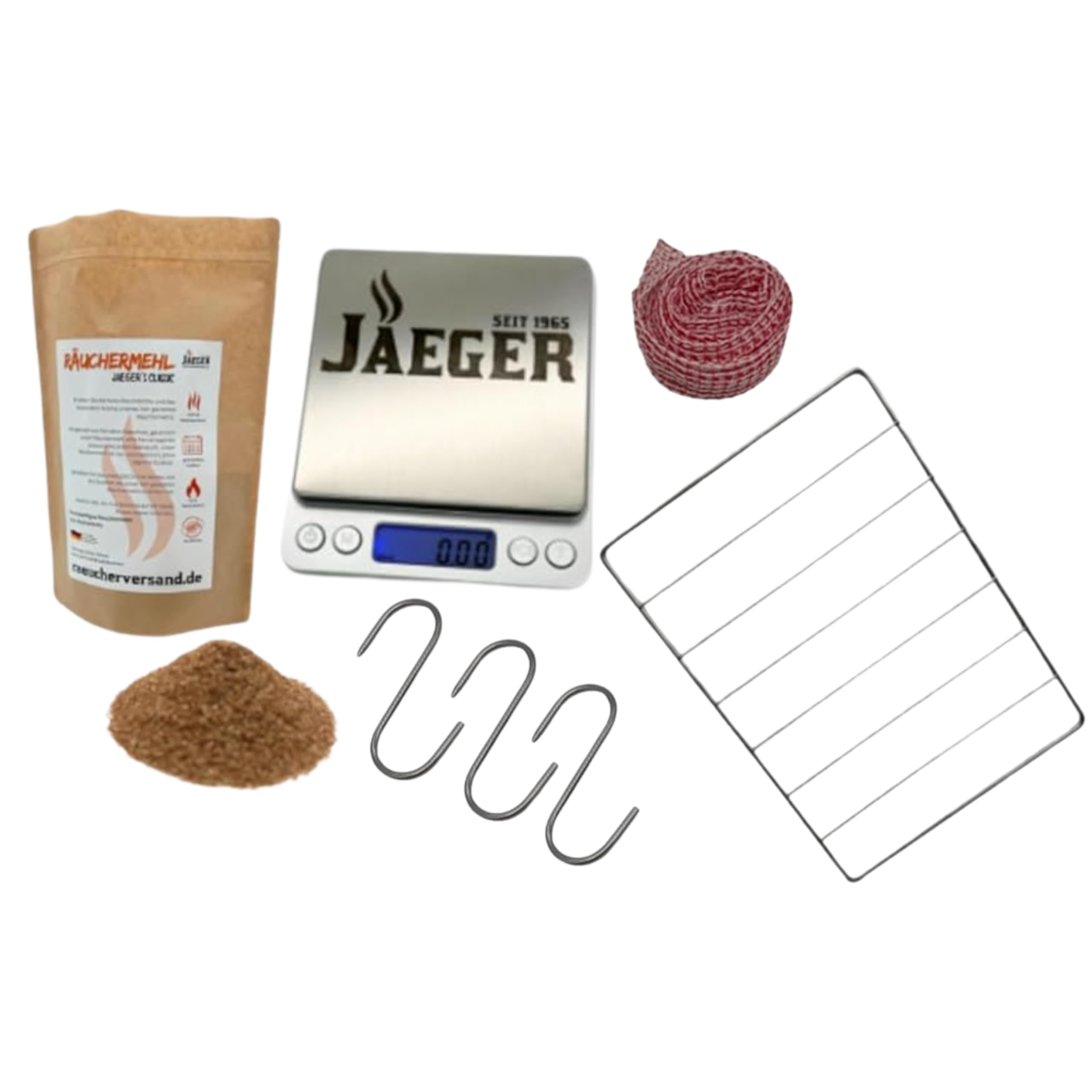 Räucher-Set Hausschlachter – Komplettset zum Fleisch räuchern – inkl. Schinkennetz, Fleischhaken, Edelstahlroste, Räuchermehl & Gewürzwaage – Made in Germany