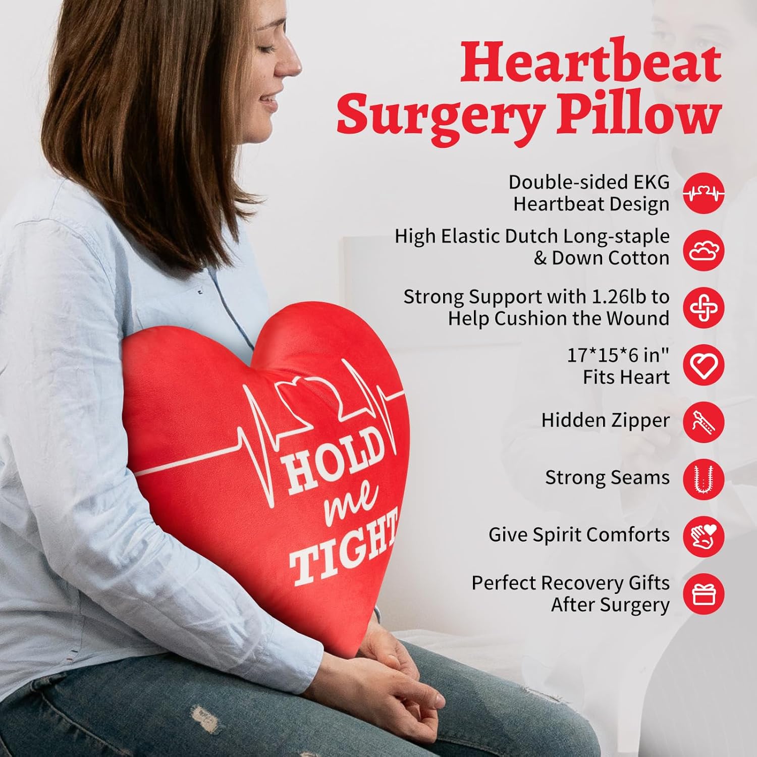 Double-Sided Heartbeat Surgery Pillow - Heart Shaped Surgery Pillow for After Open Heart Surgery Coughing Post Surgery Must Haves Funny Recovery Items (Red)