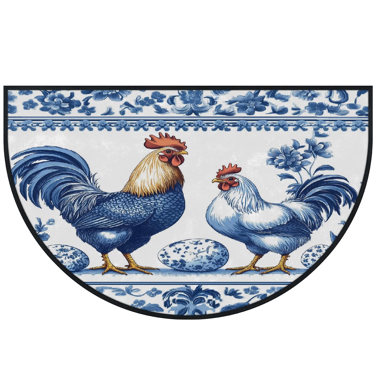 Mexpekil Paillasson demi-rond antidérapant lavable en demi-lune avec motif coq, poule et motif floral bleu, 100 x 160 cm