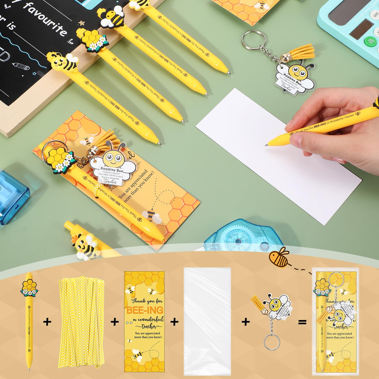 Sayglossy 36 Sets Lehrer-Wertschätzungsgeschenke, positive Bienentiere, Schulgeschenke, Großpackung, Dankeschön, Geschenk, Kugelschreiber, Schlüsselanhänger, inspirierende Grußkarte mit Bindebändern