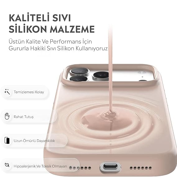 Babilden iPhone 17 Pro İle Uyumlu Kılıf İnce Ve Dayanıklı Sıvı Silikon 3 Katmanlı Tam Kaplamalı Şık Yumuşak Jel Hissi Yüksek Kalite Kauçuk Telefon Kılıfı (Kumpembe)