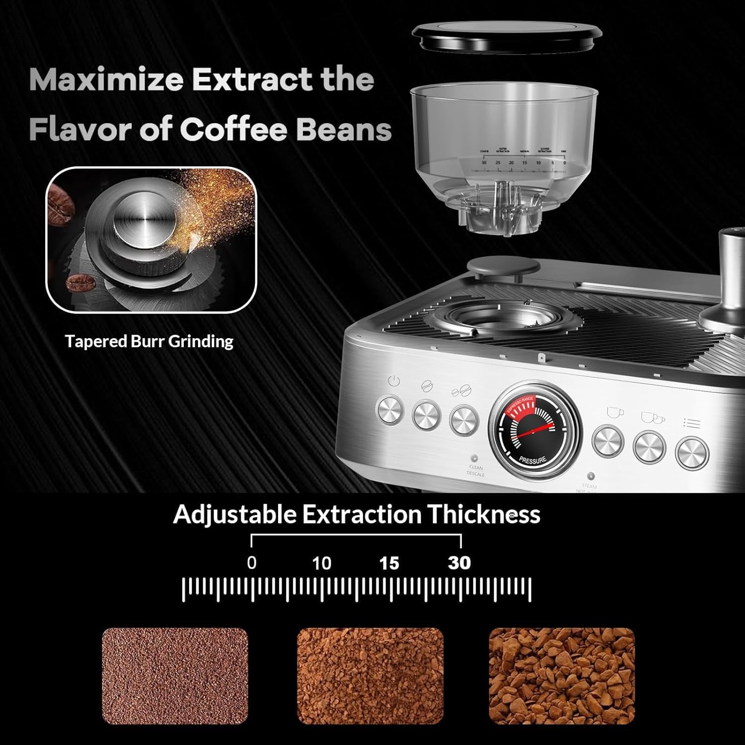 Espresso Maker, 20 Bar Coffee Espresso Machine, Maquina De Cafe Expresso, 30 Grind Settings, 2.8L Removable Water Tank With Milk Frother and Steam Wand, Barista Home Cappuccino and Latte Machine
