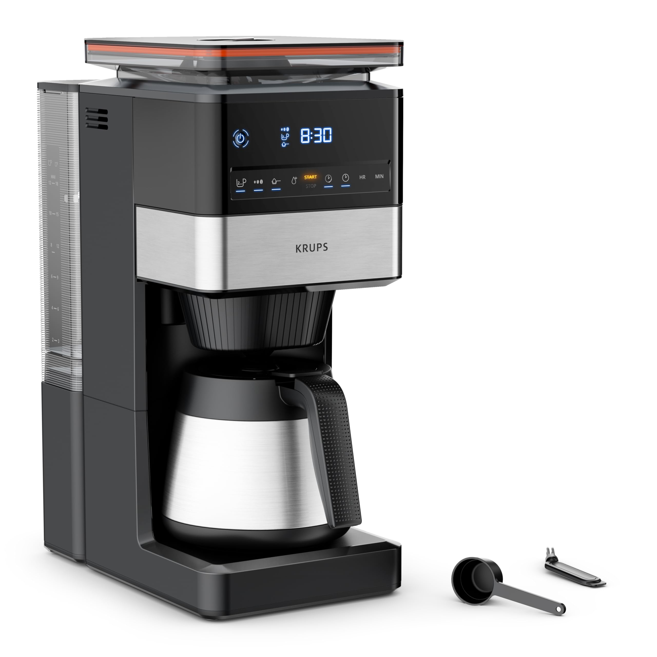 KRUPS Grind Aroma XL Filterkaffeemaschine, abnehmbares Kegelmahlwerk, digitales Bedienfeld, XL-Fassungsvermögen (1,25 L), Edelstahl-Thermoskanne, Schwarz/Edelstahl, KT842810