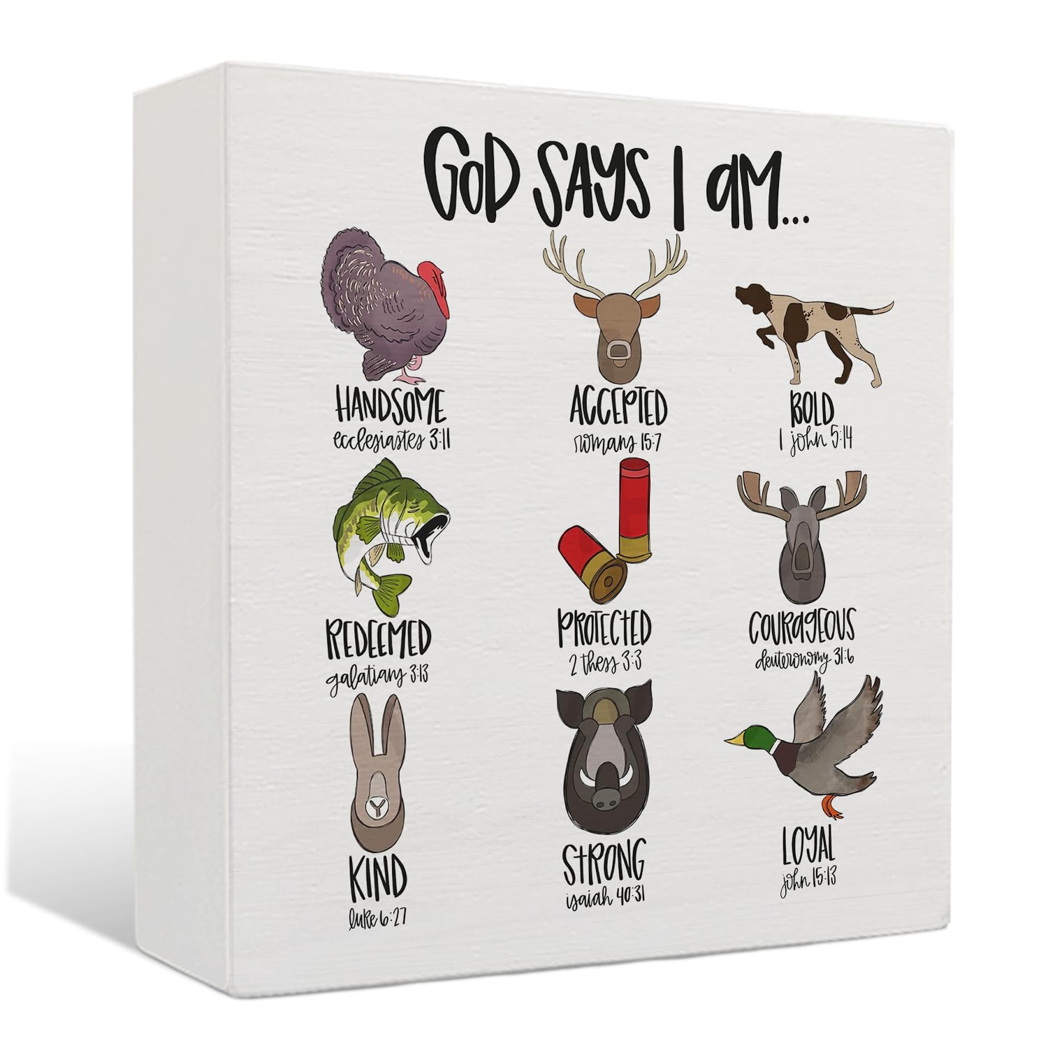 Nrleey God Says I Am Sign - Hunting Decor for Boys Room, Christian Bible Verse Decor, 5 X 5 Inches Wooden Box Signs