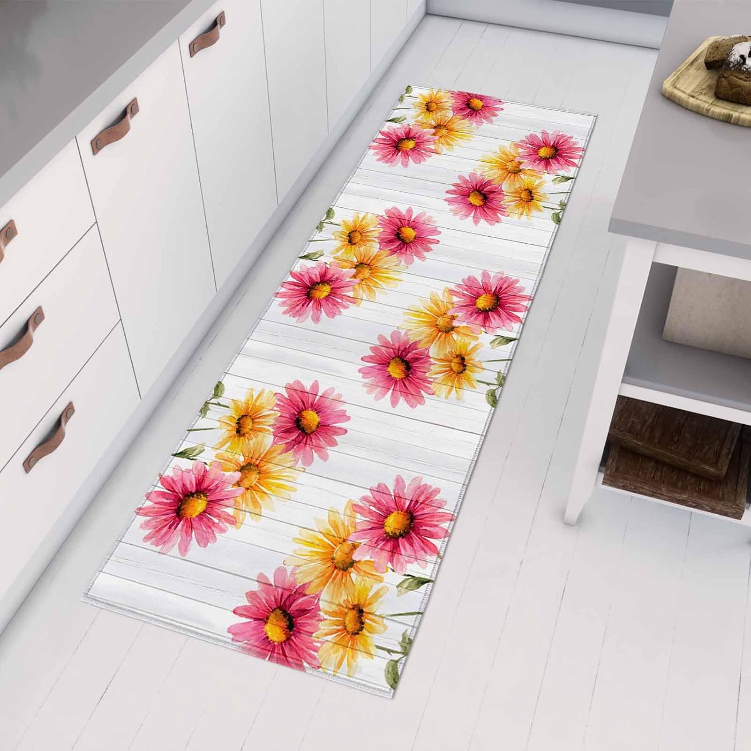 Teamery Kitchen Mats for Floor Watercolor Pink Yellow Flowers Washable Non Slip Kitchen Rugs 1PCS, Floral on White Board Absorbent Standing Mats for Sink Bathroom Office Living Room 15.7x47.2in