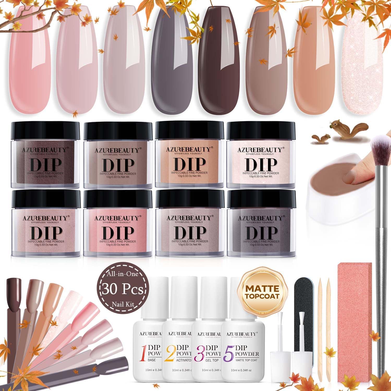 AZUREBEAUTYDip Nails Powder Starter Kit, Nude Brown Skin Tones Pink Neutral 8 Colors Set with Nail Swatch Sticks, Nail Art Base Glossy/Matte Top Coat Activator Essential Liquid Manicure Salon 30 PCS