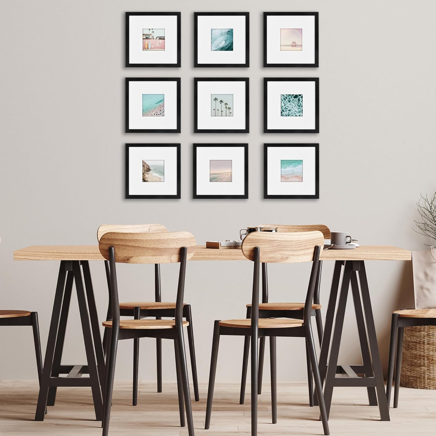 Americanflat 8x8 Picture Frame with Shatter-Resistant Glass - Set of 9 - Use as 4x4 Frame with Mat or Display 8x8 Photo Without Mat - Galleria Collection - Square Frames for Tabletop and Wall - Black