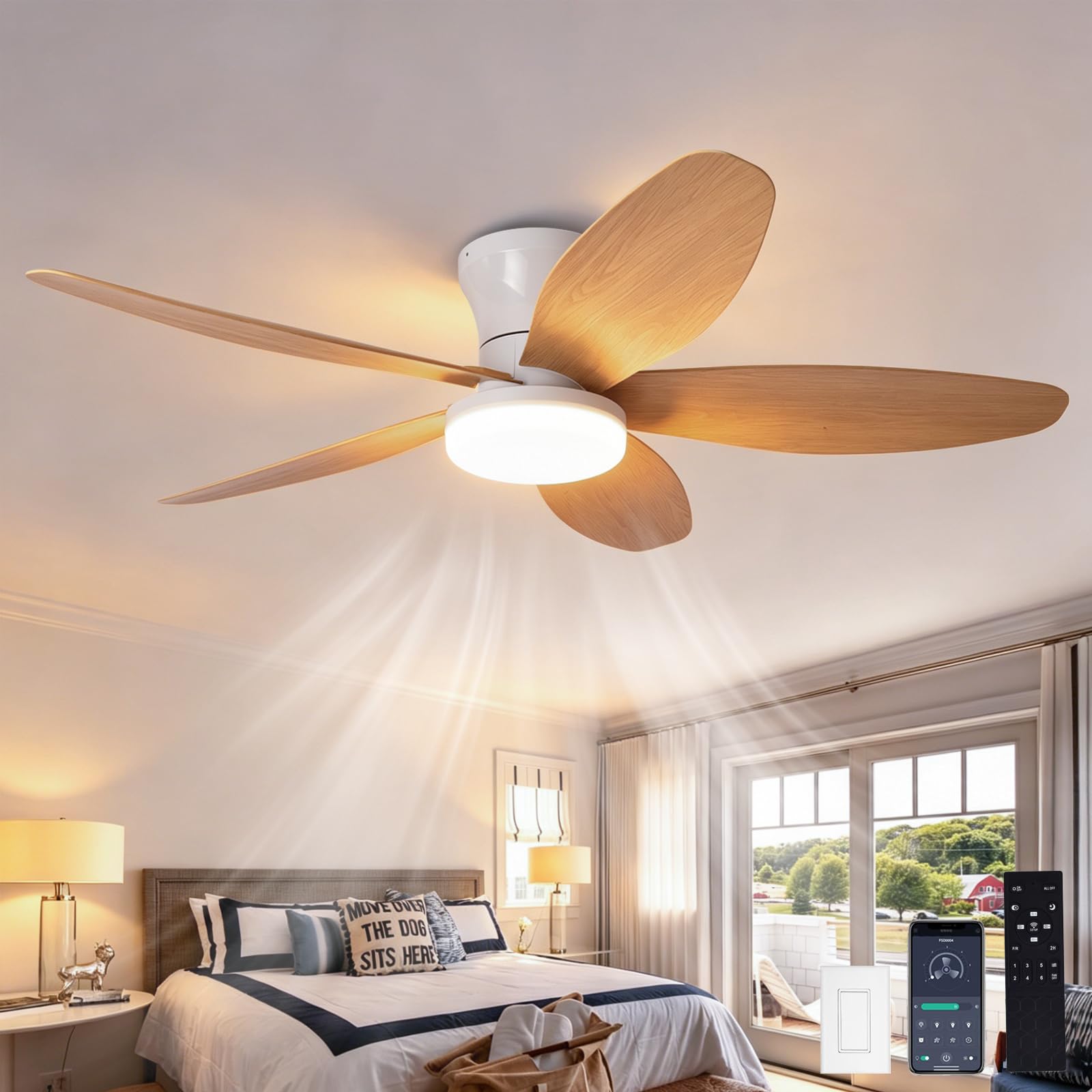 SXDMOUBK 42 Inch Dimmable LED Ceiling Fan,Reversible,Timer,6 Speeds & Timer Ultra-Quiet,Ceiling Fans with Lights and Remote,Dimmable Smart Ceiling Fan for Bedroom Kitchen Dining Room||42 in