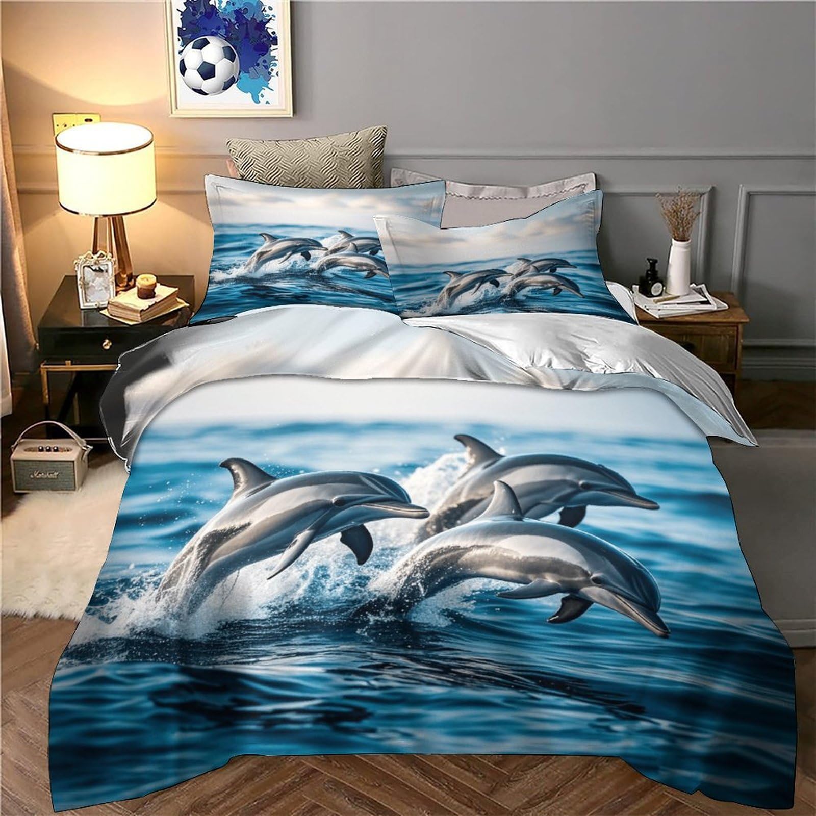 Hipoalergénico Delfines Juego De Ropa De Cama King（220x240cm）, Transpirable Azul Ocean Juego Sábanas De Cama, Microfibra Funda De Edredón Ultra Suave Y Ligero
