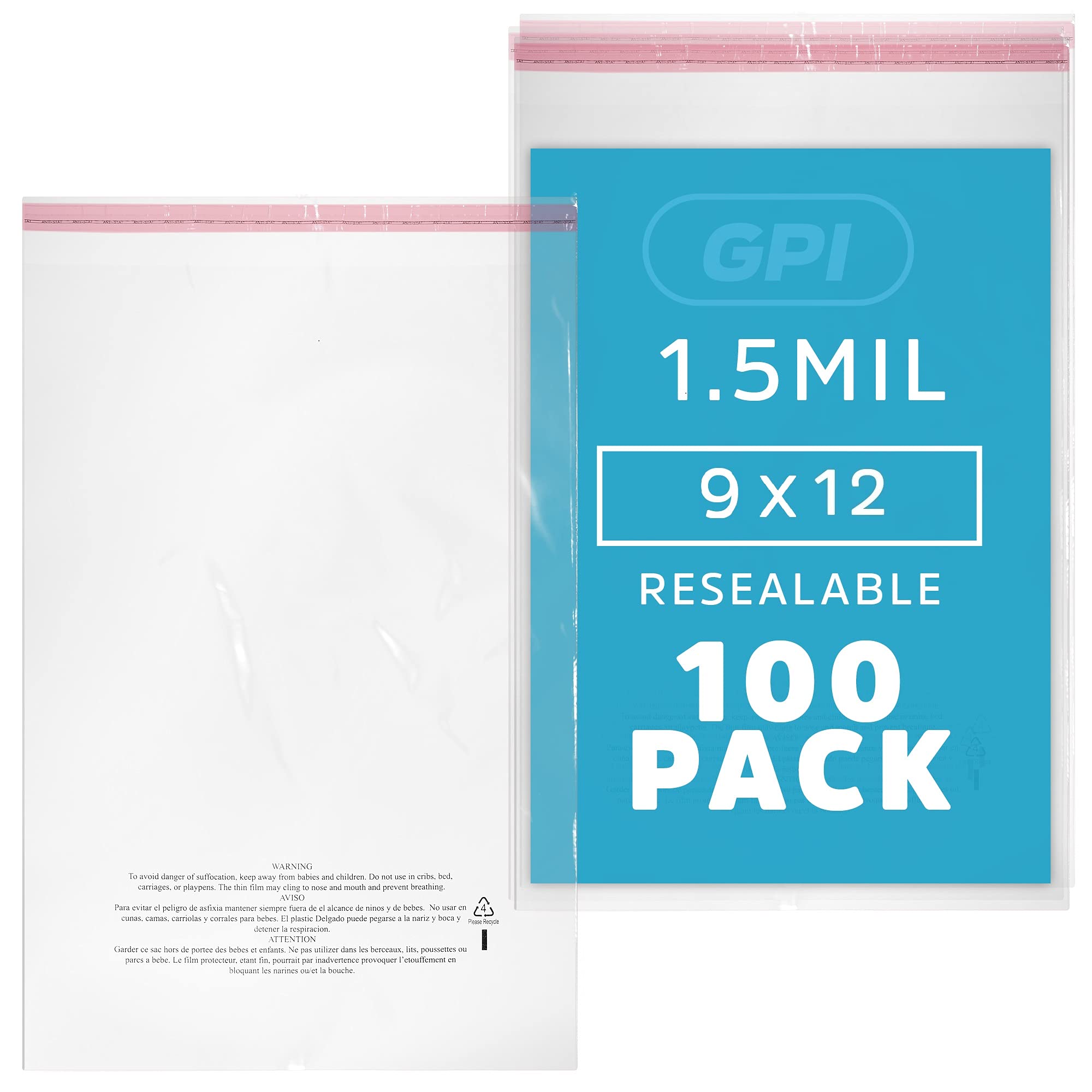 GPI - Pack of 100, 9" x 12" CLEAR SELF SEAL POLY BAGS, 1.5 Mil - Resealable, Peel & Seal Polybags With Adhesive strip & Suffocation Warning For Packaging & Shipping T Shirts & Clothing.
