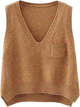 futurino Women's Boxy Solid Color Low V Neck Marled Knitted