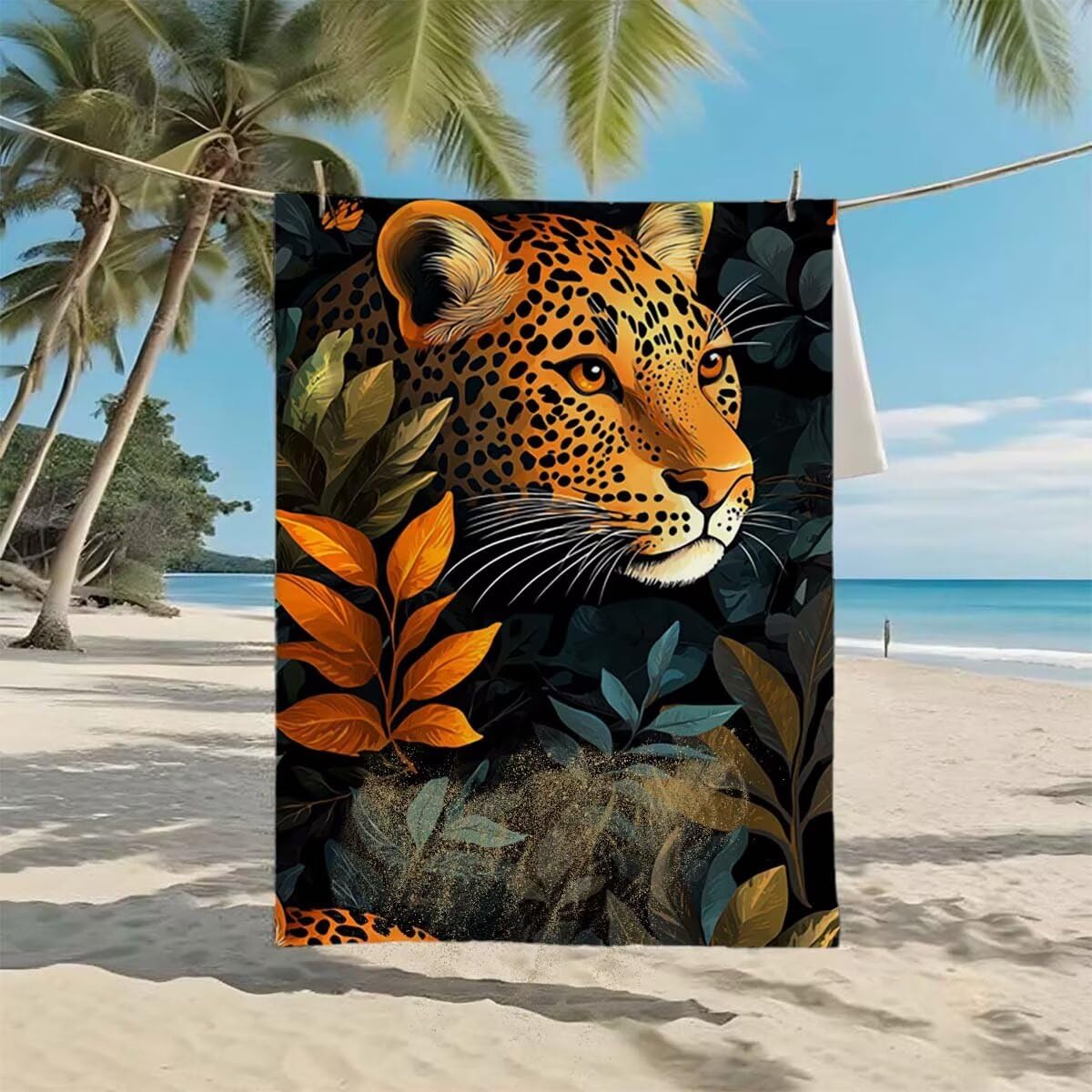 Strandtuch XXL 90x200cm/35x70cm 2er Set Mikrofaser Strandtuch, Schnelltrocknend Strandliege Kompakt Sandfrei Saunahandtuch mit Tasche, Mikrofaser Handtuch für Strand Reise Urlaub (Leopard) I-92