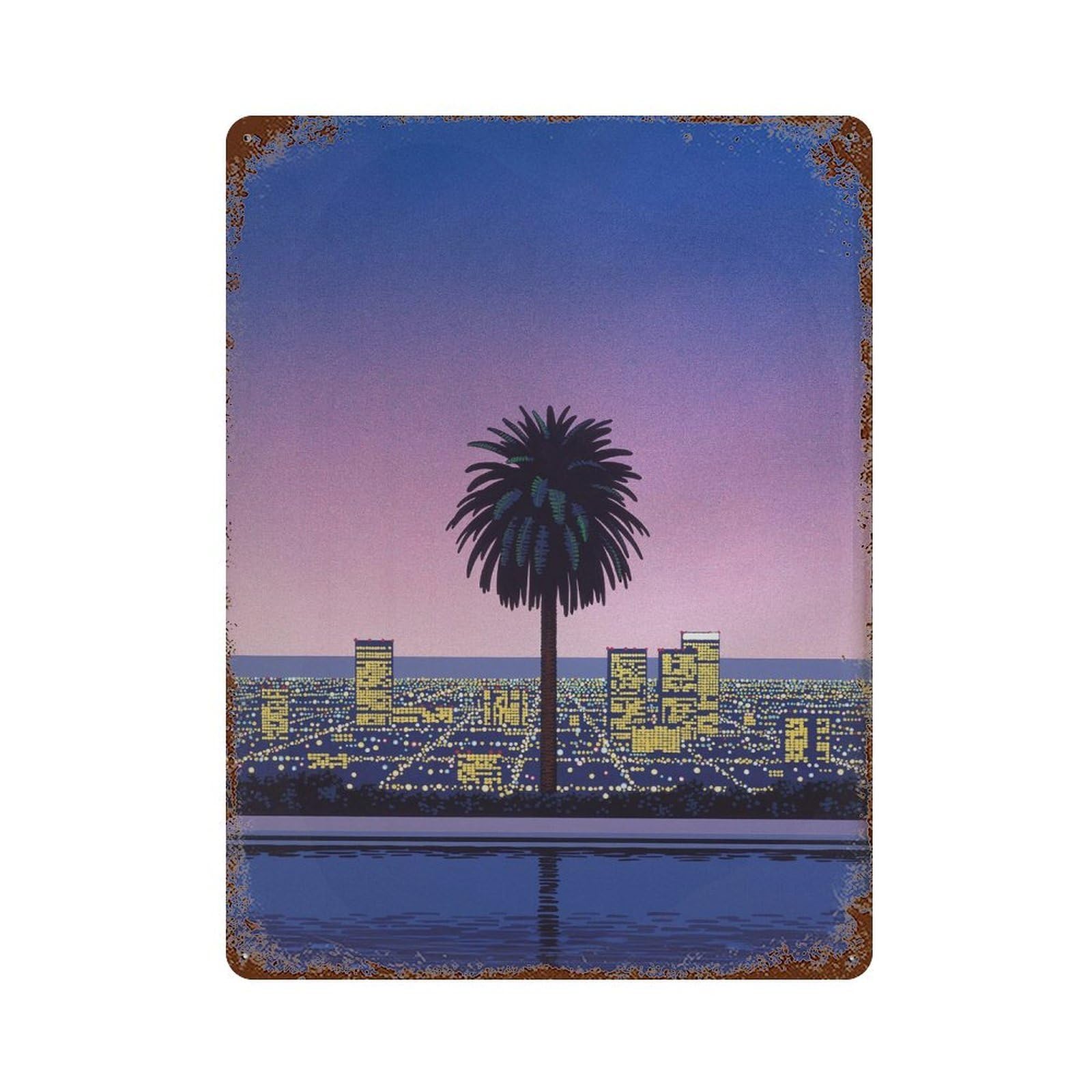 xiaoxiaoshen Cityscape With Palm Tree. Hiroshi Nagai Japanese City Pop Wall Decor Art Metal Tin Poster Modern Home Decor Art Home Bar Shop Decorations Vintage Sign 40x30cm