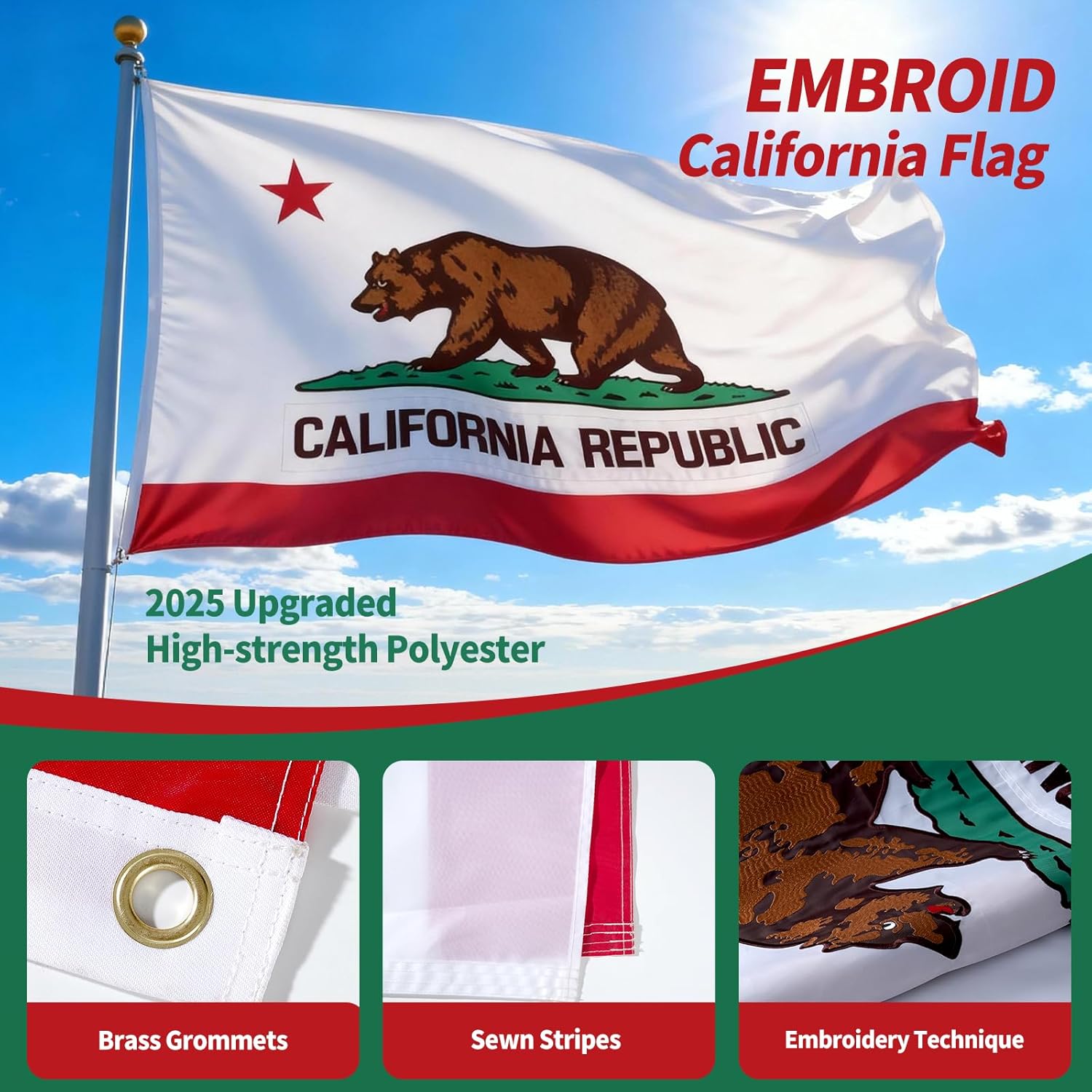 California Flag 3x5,California State Flag,Fully Embroidery Technique,Tear Resistant,Sewn Stripes,Brass Grommets,Upgraded High-strength Polyester Fabric,All Weather Durable State Flags. - Image 2