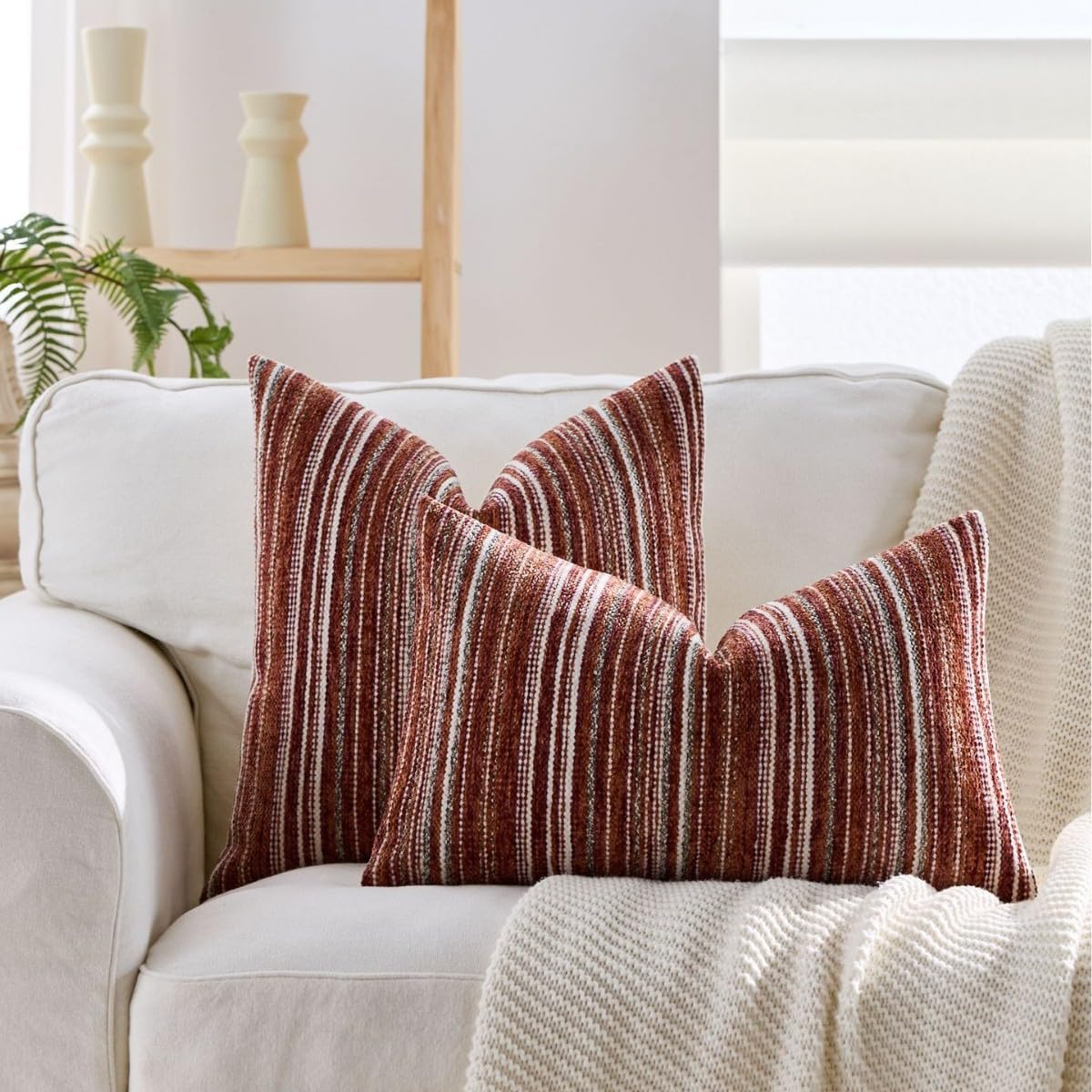Set of 2 Chenille Striped Throw Pillow Covers 18x18 Inch, Woven Thickened Square Pillowcases, Decorative Cushion Covers for Sofa, Living Room, Bedroom, Porch, Floor (Khaki)