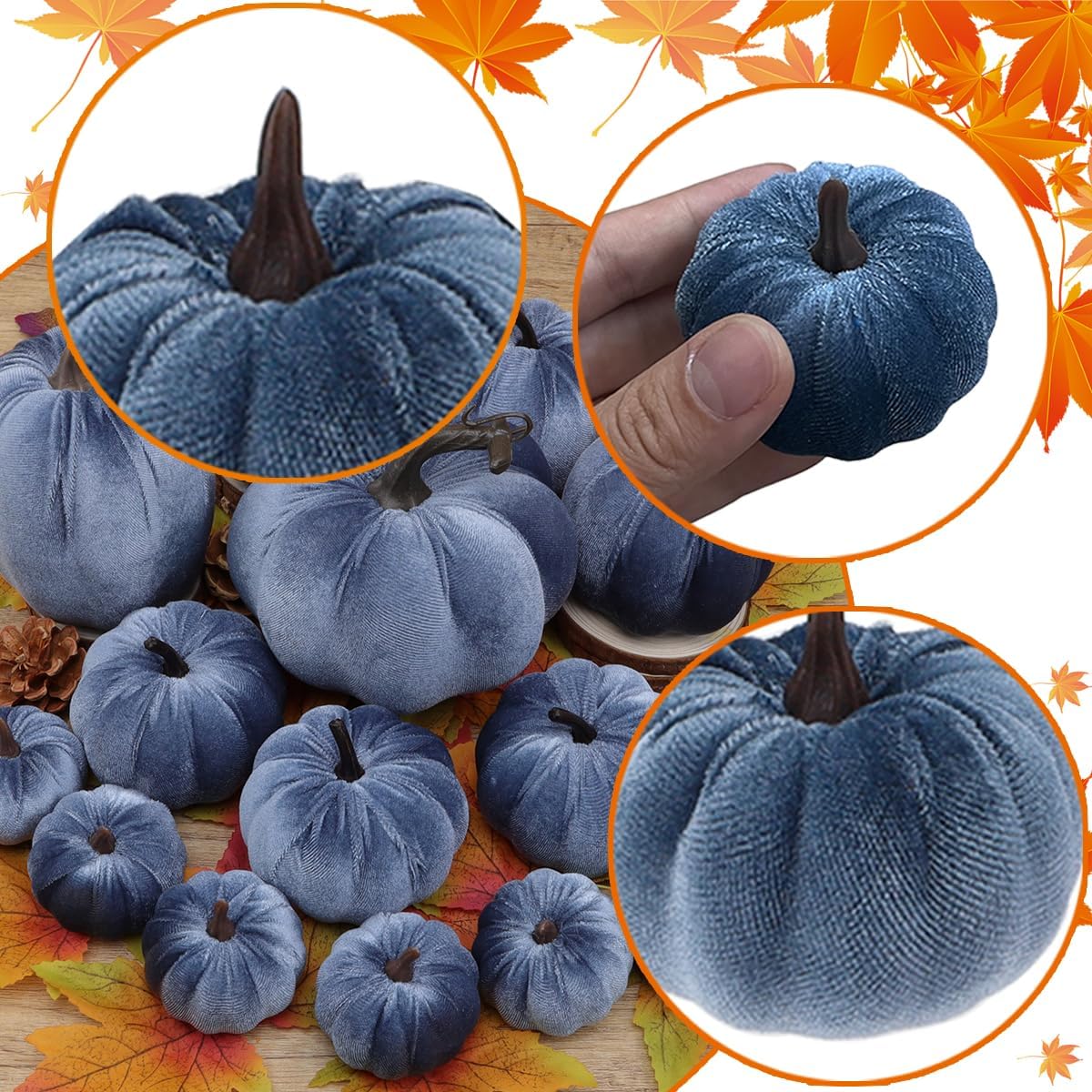 16 Pcs Blue Velvet Pumpkin Fall Decor Artificial Foam Pumpkins Navy Blue Fabric Faux Pumpkin Rustic Harvest Fake Pumpkins Home Decoration Autumn Door Wreath Table Centerpiece