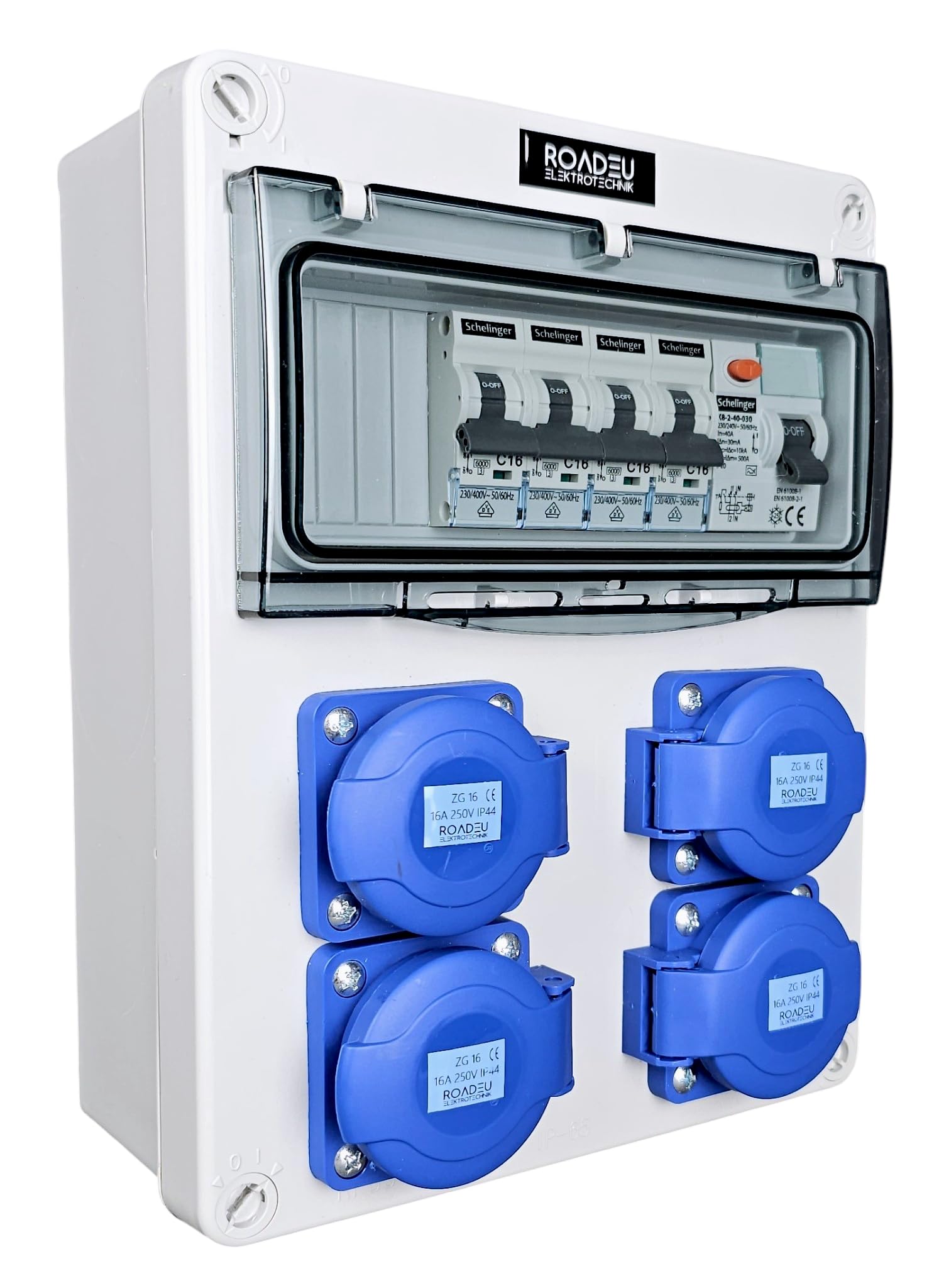 RoadEu Cuadro eléctrico 230V IP44 con diferencial y 4 tomas Schuko | 4 magnetotérmicos C16A VDE, cableado 2,5 mm², bornes N+PE, PG16, precableado