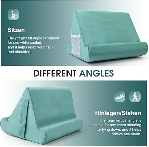 Miniatura 6 de Soporte para tablet multiángulo con cojín suave y bolsillo de red, soporte universal para teléfono y almohadilla para regazo, rodilla, sofá y cama