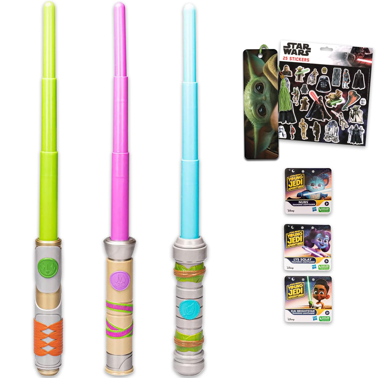 Star Wars Young Jedi Adventures Lightsabers - Bundle with 3 Star Wars Jedi Dueling Lightsabers Featuring Kai Brightstar, Nubs, LYS Solay Plus Stickers, More | Retractable Light Sabers for Kids