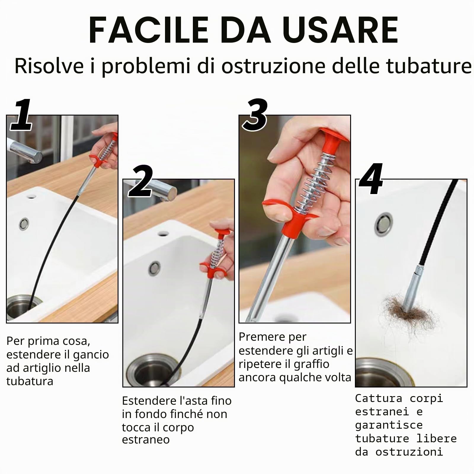 2 strumenti flessibili per rimuovere gli intasamenti dei capelli, con artiglio, per lavello, cucina, bagno, WC, scarichi idraulici, sbloccanti, spazzola per la pulizia