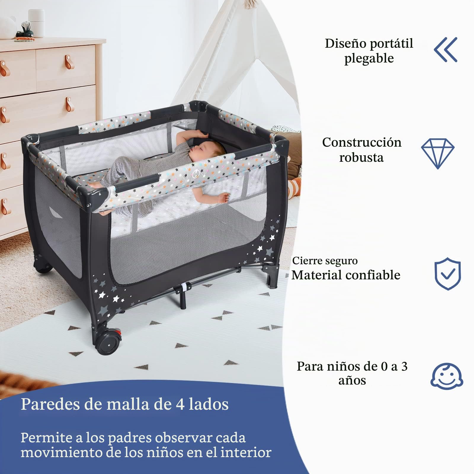 LIFEZEAL Cuna de Bebé Plegable 3-1, Parque y Cuna de Viaje, Cuna Portátil con Moisés Desmontable, Ruedas, Malla Transpirable y Bolsa, Moisés para Niños hasta 3 Años (Gris)