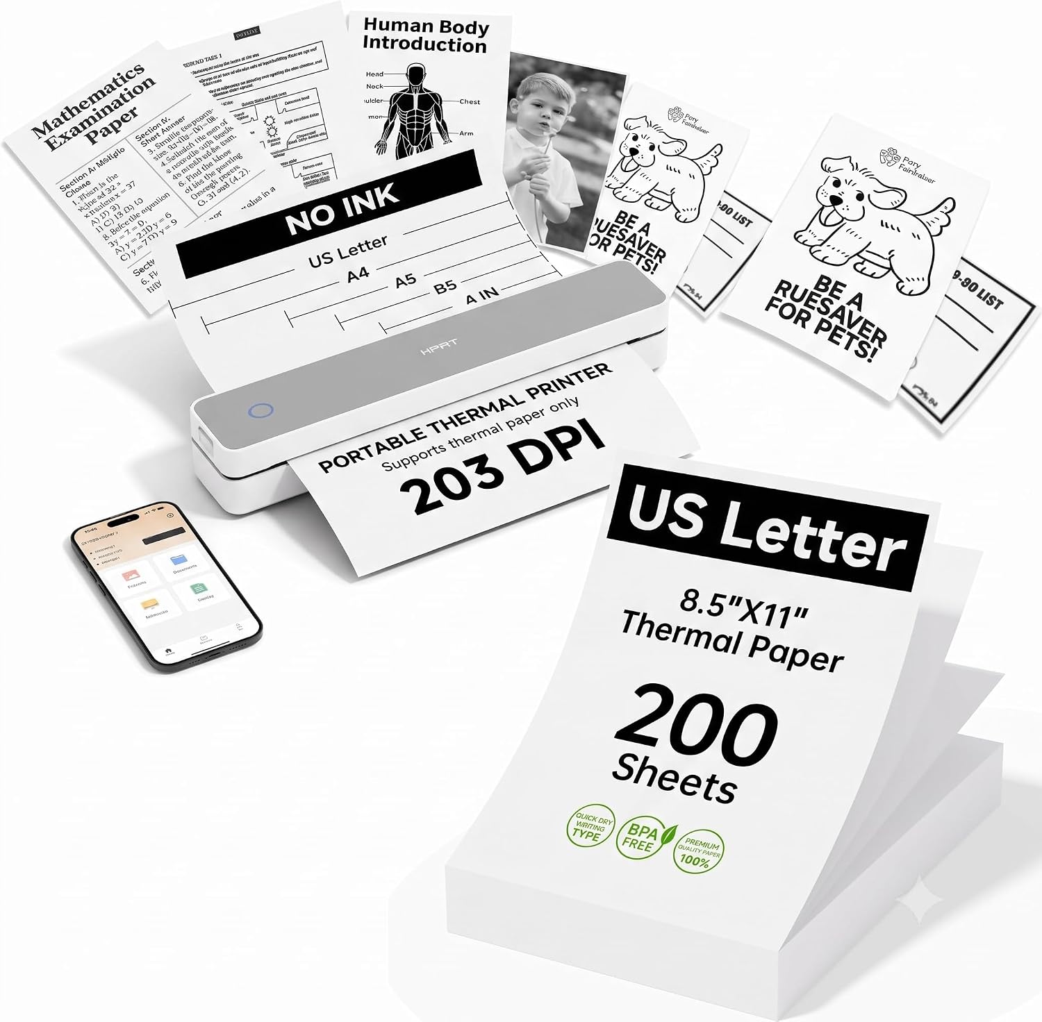 HPRT Inkless Portable Thermal Printer Wireless for Travel,MT610,203 DPI & 200 Sheets Thermal Paper Bundle