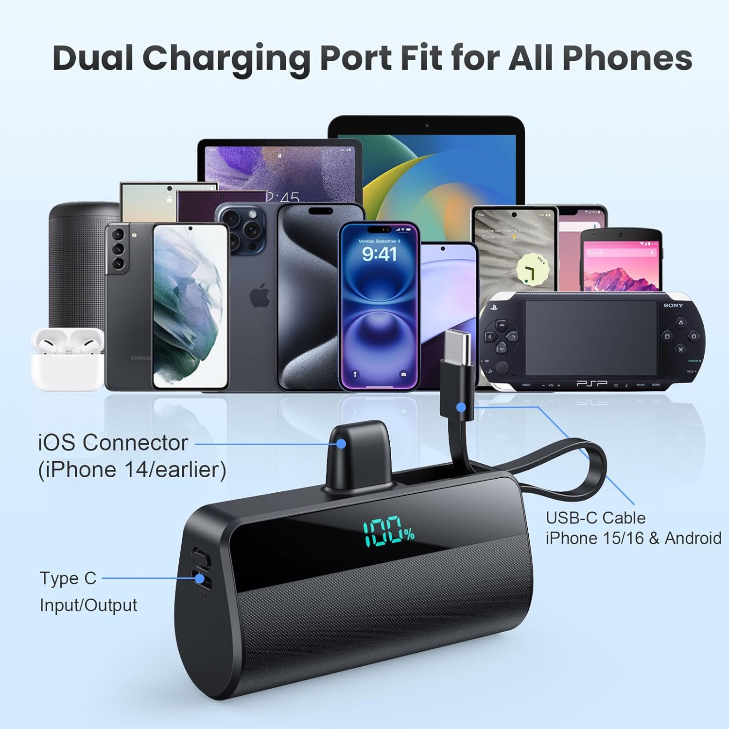 Mini Portable Charger for iPhone with Built in USB C Cable, 5500mAh Small Power Bank 20W PD Fast Charging, Travel Essential Battery Pack for iPhone 17/16/15/14/13/12/11/X Series Android Galaxy(Black) - Image 2