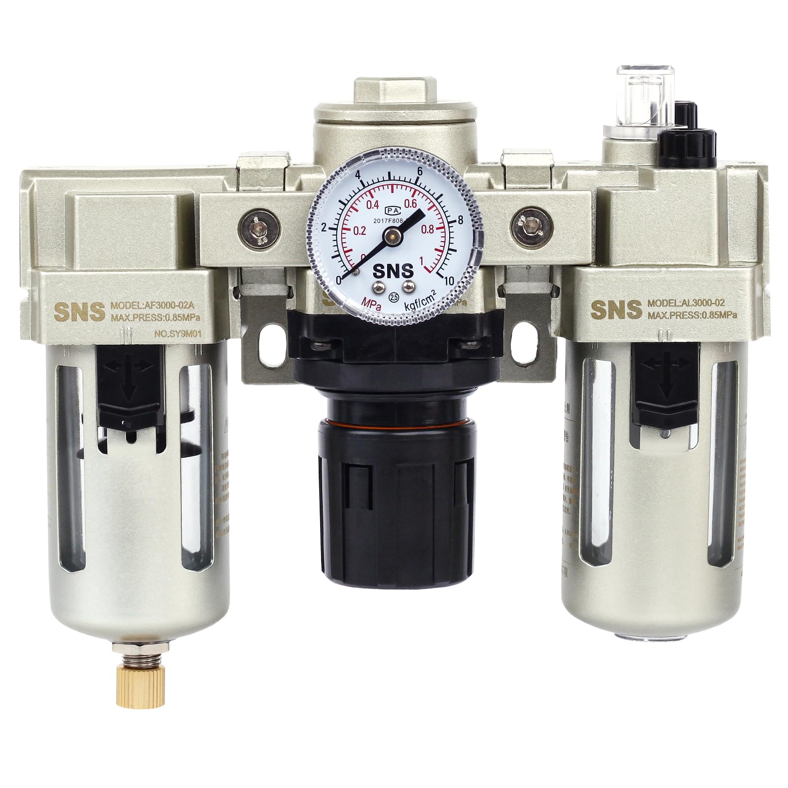 SNS 1/4" NPT Compressed Air Filter Regulator Lubricator Three Units Combo FRL Water/Oil Trap Separator, Semi-auto Drain, Gauge and Bracket, Poly Bowl