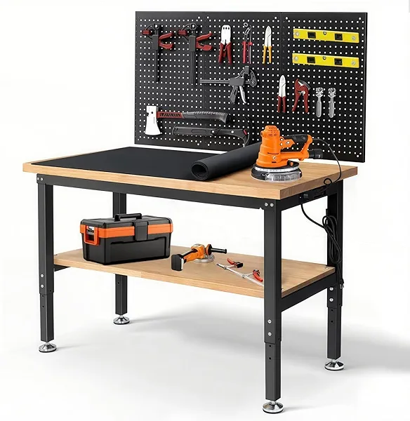 ENJOYWOOD Workbench with Double Layers 48 x 20 Inch Heavy Duty Rubberwood Tabletop Work Table for Garage Adjustable Height Work Bench with Power Outlets Pegboard Pad for Woodworking Shop, Home, Office