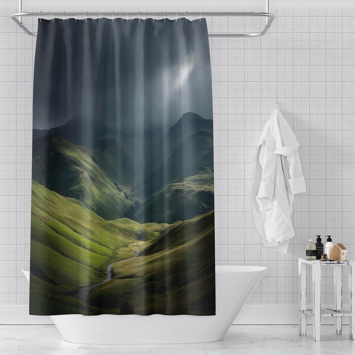 Cortina de Ducha de Montaña,Diseño de Valle y Arroyo,Impermeable,con Ganchos de Plástico,Paisaje Natural para Decoración de Baño de Estilo Rústico,240Anx200Alcm (1 Panel)