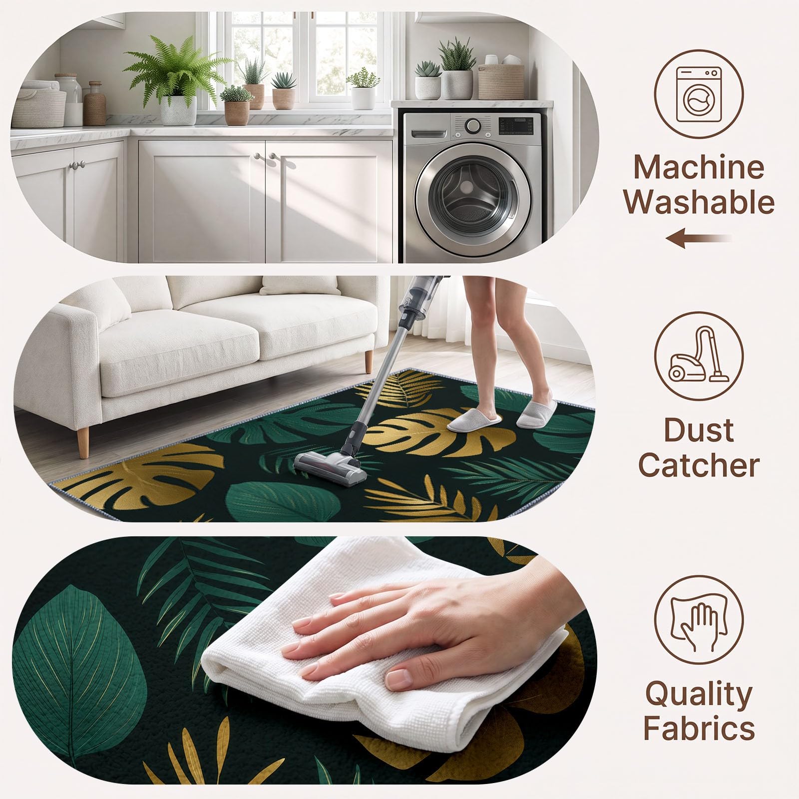 Générique Feuille De Palmier Tapis de Salon Lavable 140x200 cm， Tropical Noir Et Or - Antidérapant et Lavable en Machine - Poils Courts - Douce - pour Salon, Chambre ou Bureau