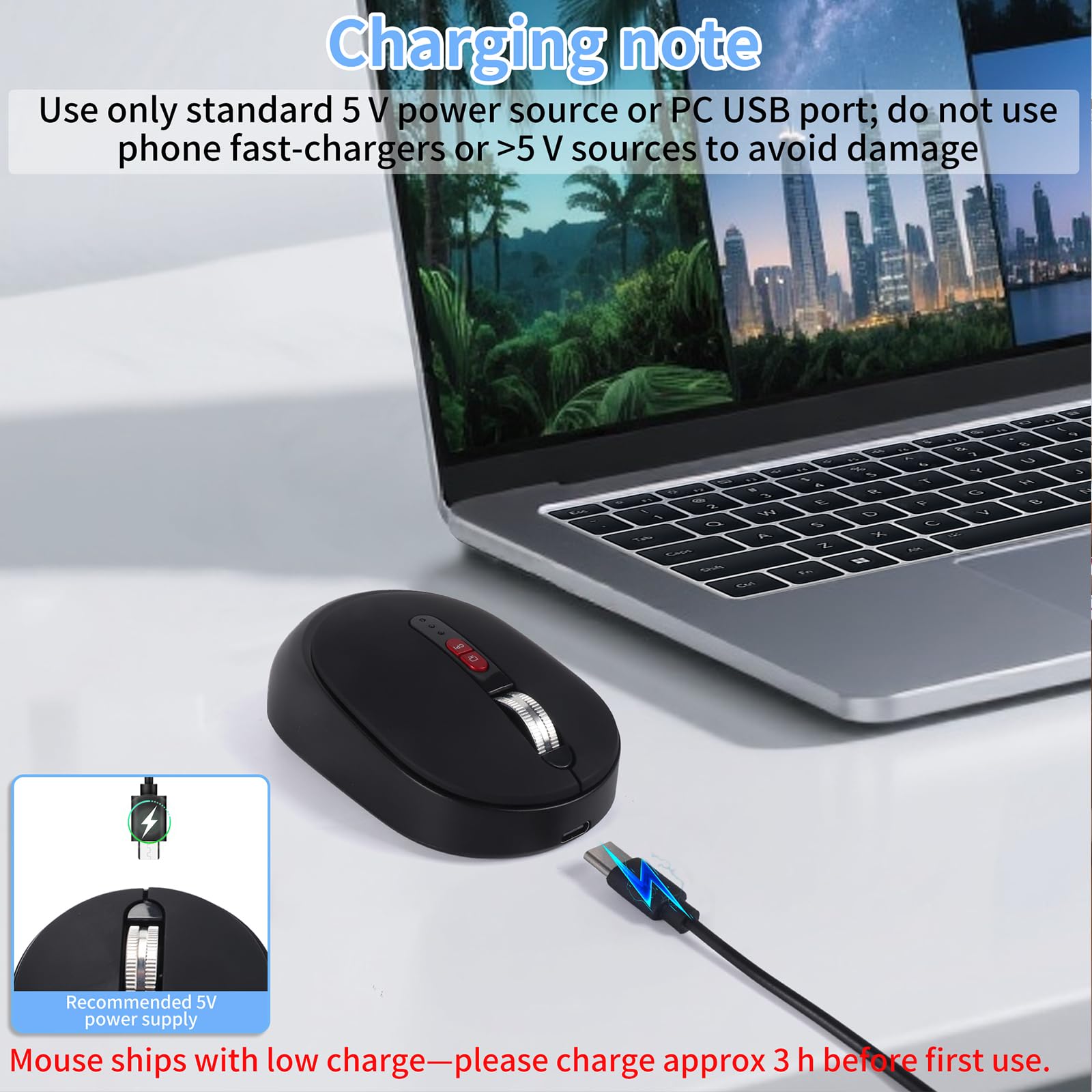 Dual Mode Wireless Bluetooth Maus - USB-C & USB-A Empfänger, wiederaufladbar Silent Click für Laptop, Tablet, PC - Perfekt für Studenten & Profis, reisefreundlich (Schwarz)