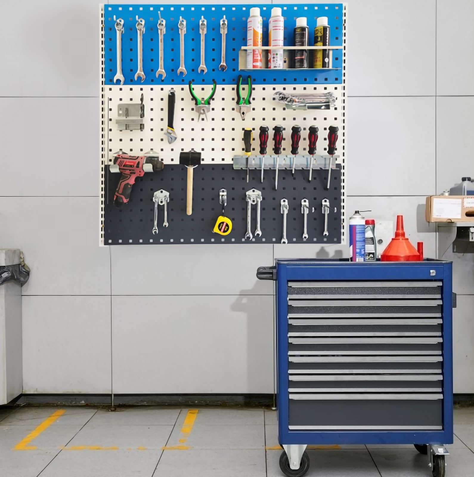Stecktafel aus Holz, an der Wand montierter Stecktafelhaken, Aufbewahrungsbehälter und Paneel-Set, DIY-Wandhalterung zur Garagenaufbewahrung für Werkzeuge, Teile und Bastel-Organizer (blau,