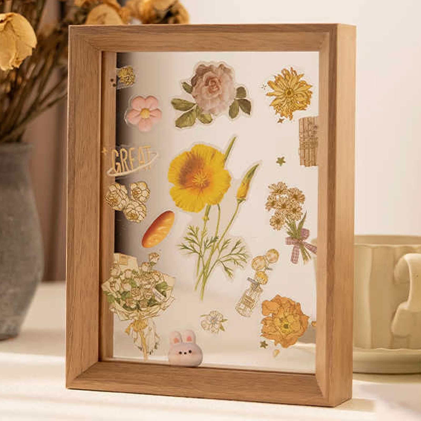 Double Sided Floating Photo Frame, Wooden Transparent Double Sided Photo Frame Multicolor Multiple Sizes(Wood Grain Color,(38.5 * 52.5cm))