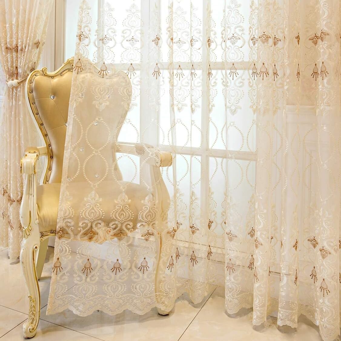 WINYY European Style Sheer Curtain Bedroom Sliding Door Living Room Decorative Gauze Curtain Voile Rod Pocket Top Window Drape 1 Panel (52 inch Wide, 84 inch Long)