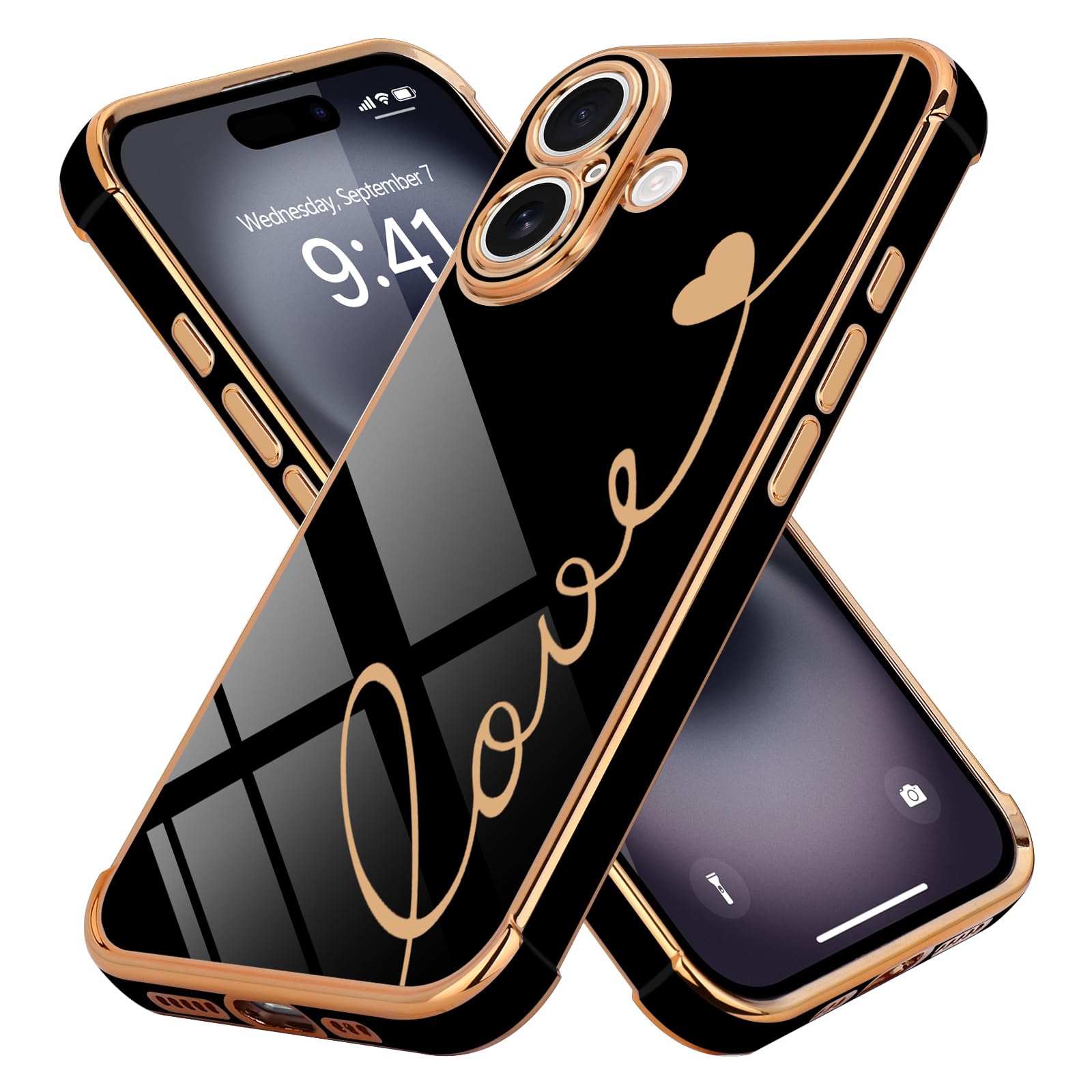 LCHULLE Compatible with iPhone 16 Case for Women Girls, Cute Luxury Plating Love Heart Design Soft TPU Cover Shockproof Full Camera Lens Protection