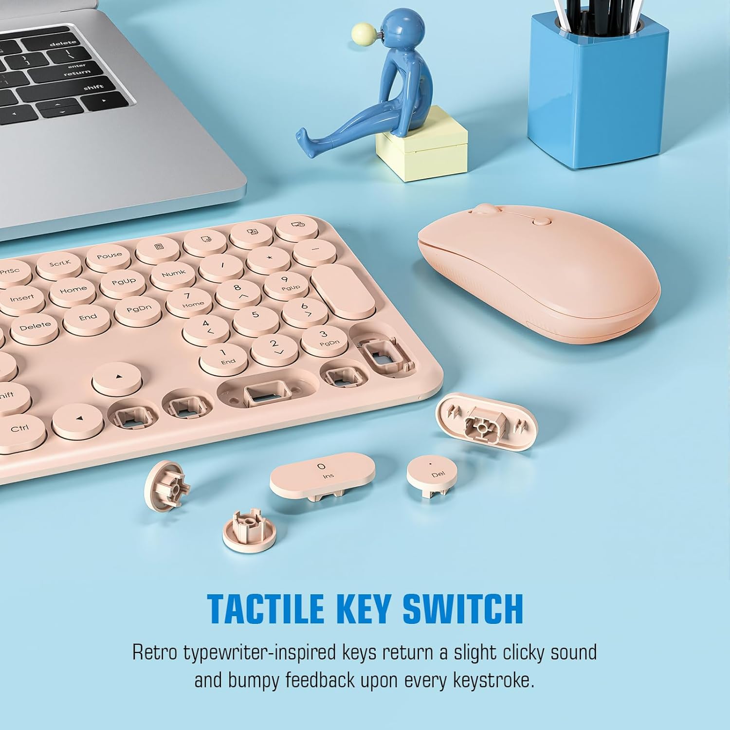 Cute Wireless Keyboard and Mouse Combo,2.4Gstable connection Cordless Full Size Pink Quiet Keyboard Mouse Set Retro Round keycap Computer Keyboard with numeric keypad Compatible for Mac,Windows,Laptop