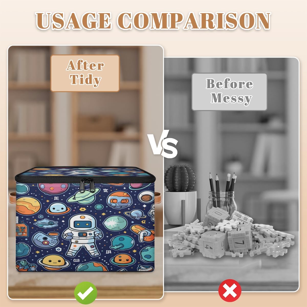 Storage Bin Set of 2 Galaxy Astronauts Storage Basket with Zipper Lid & Handle Foldable Closet Shelf 2 Pack Cloth Organizer Basket Cube Bins Clothes Organizer for Bedroom, Nursery