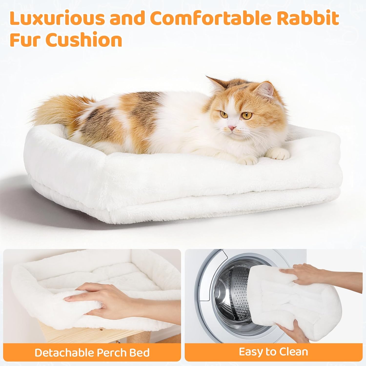 27.5" 3-in-1 Cat Scratching Post with Hammock &Scratcher, Pine Base & Tall Sisal Scratching Pole, Rabbit Fur Hammock Pad, Hanging Bell Toy, Medium-White