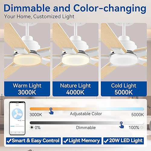Miniatura 10 de Hoenofly Ventiladores de techo inteligentes de 52 pulgadas con control remoto de luces, motor de CC silencioso, ventilador de techo moderno para