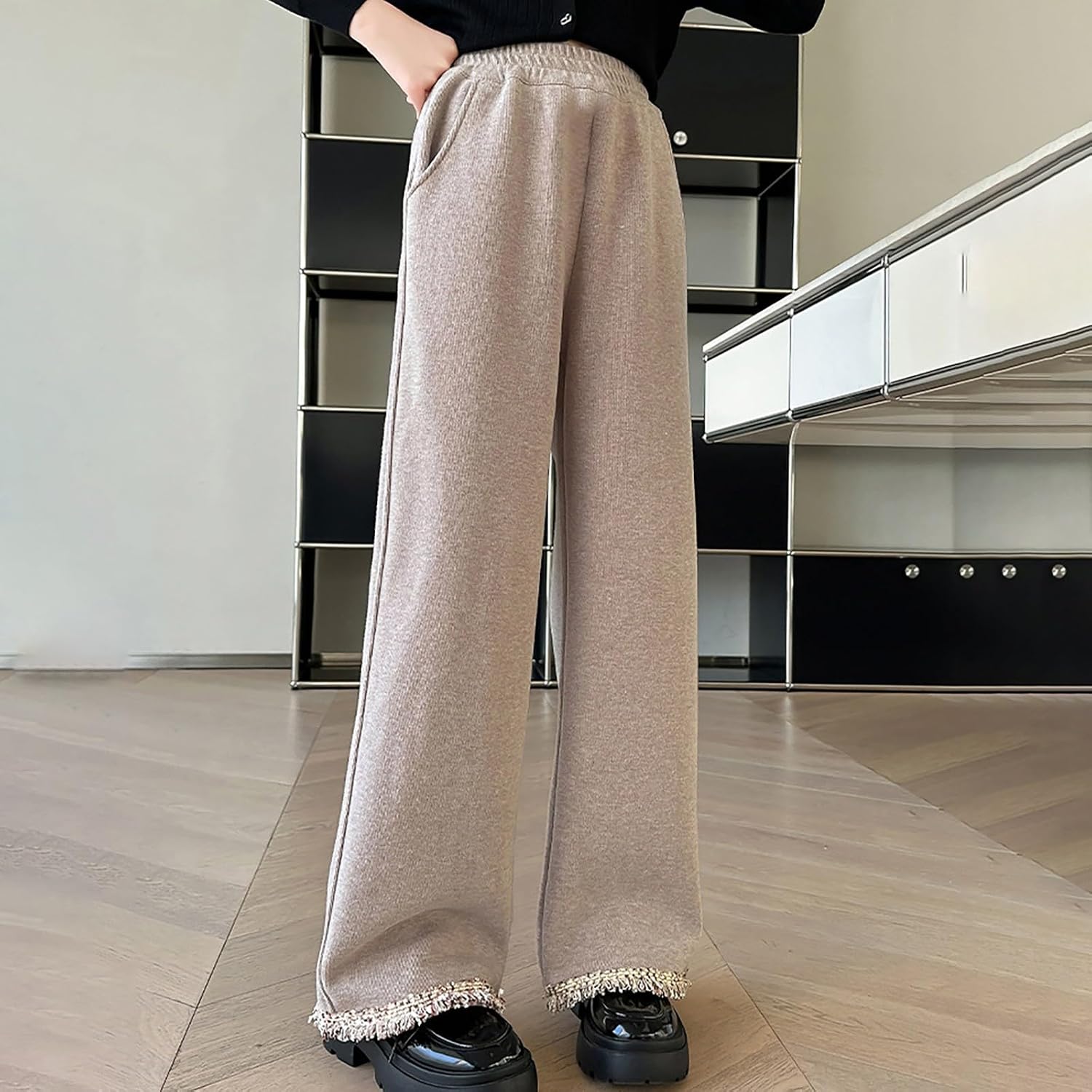 Girls Baggy Wide Leg Sweatpants Winter Fleece Lined Elastic High Waist Pants Teen Casual Soft Cotton Athletic Joggers