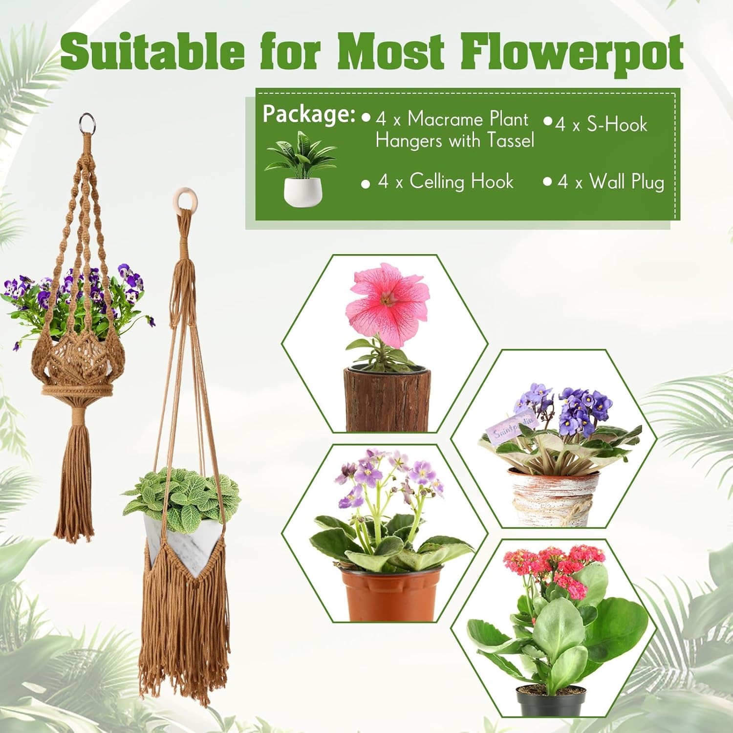 4 Packs Macrame Plant Hangers with Tassels Boho Crochet Hanging Plant Basketball for Indoor Outdoor Plant Hanger with 4 S Shaped Hooks for Home Decor Window Flower Pot(Brown)