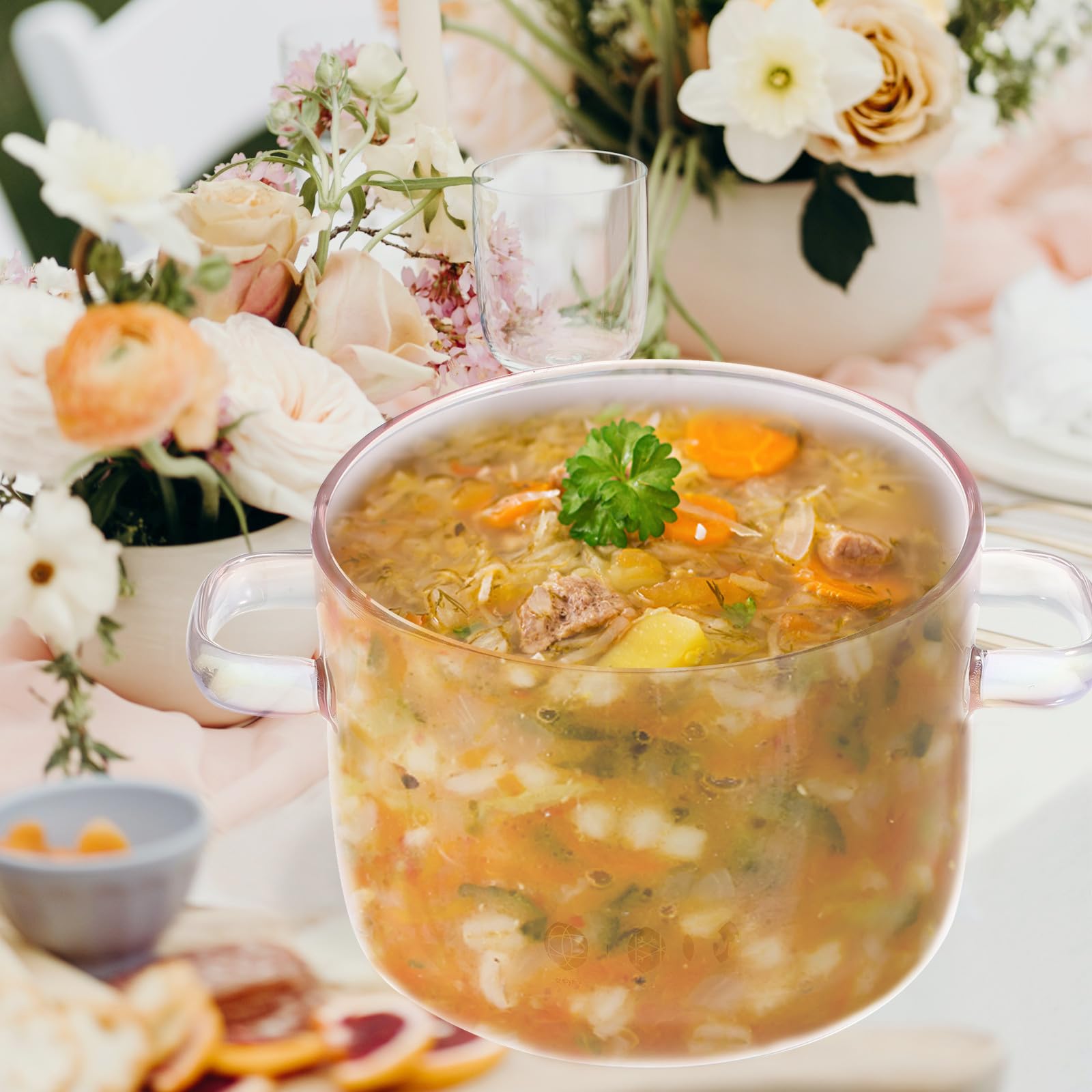 Olla de Vidrio Rosa de 1500ml con Asa y Cuchara para Cocina