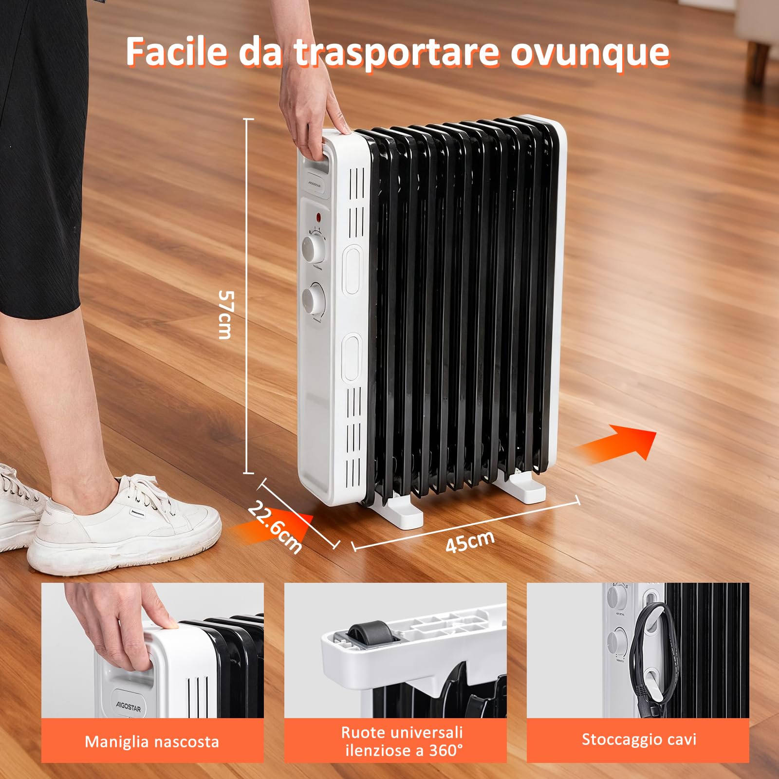 Aigostar Hubery - Radiatore ad olio portatile da 2500W. Radiatore elettrico 13 elementi, 3 livelli di riscaldamento, termostato regolabile e protezione a funzione di spegnimento