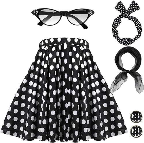 Hicarer 5 Pcs 50s Women Halloween Costume 1950 Poodle Skirt Sock Hop Accessory Outfit Scarf Glasses Bandana Headband Earring