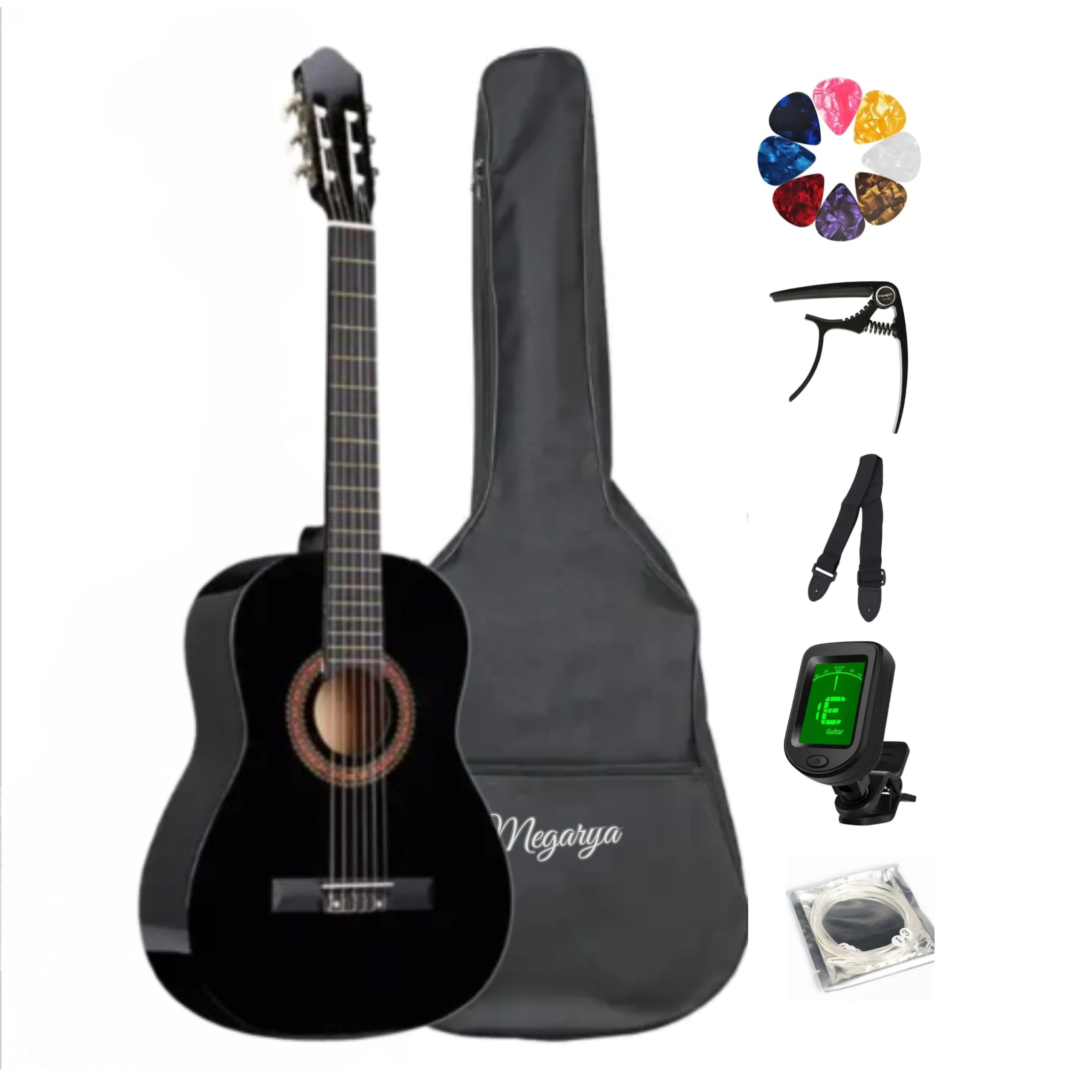 34” Classical Guitar with Nylon Strings Acoustic Guitar with Truss Rod for Beginner Professional with Bag, Strp, Capo, Picks, Tuner And Strings (Black)