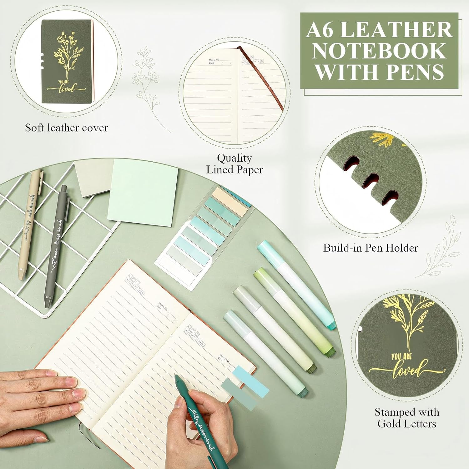 14 Pcs Inspirational Journal Kit for Women Aesthetic A6 Leather Journal Notebook Glass Cup Canvas Tote Bag Motivational Pens Stationery Set for Women Nurse Practitioner(Green) - Image 4