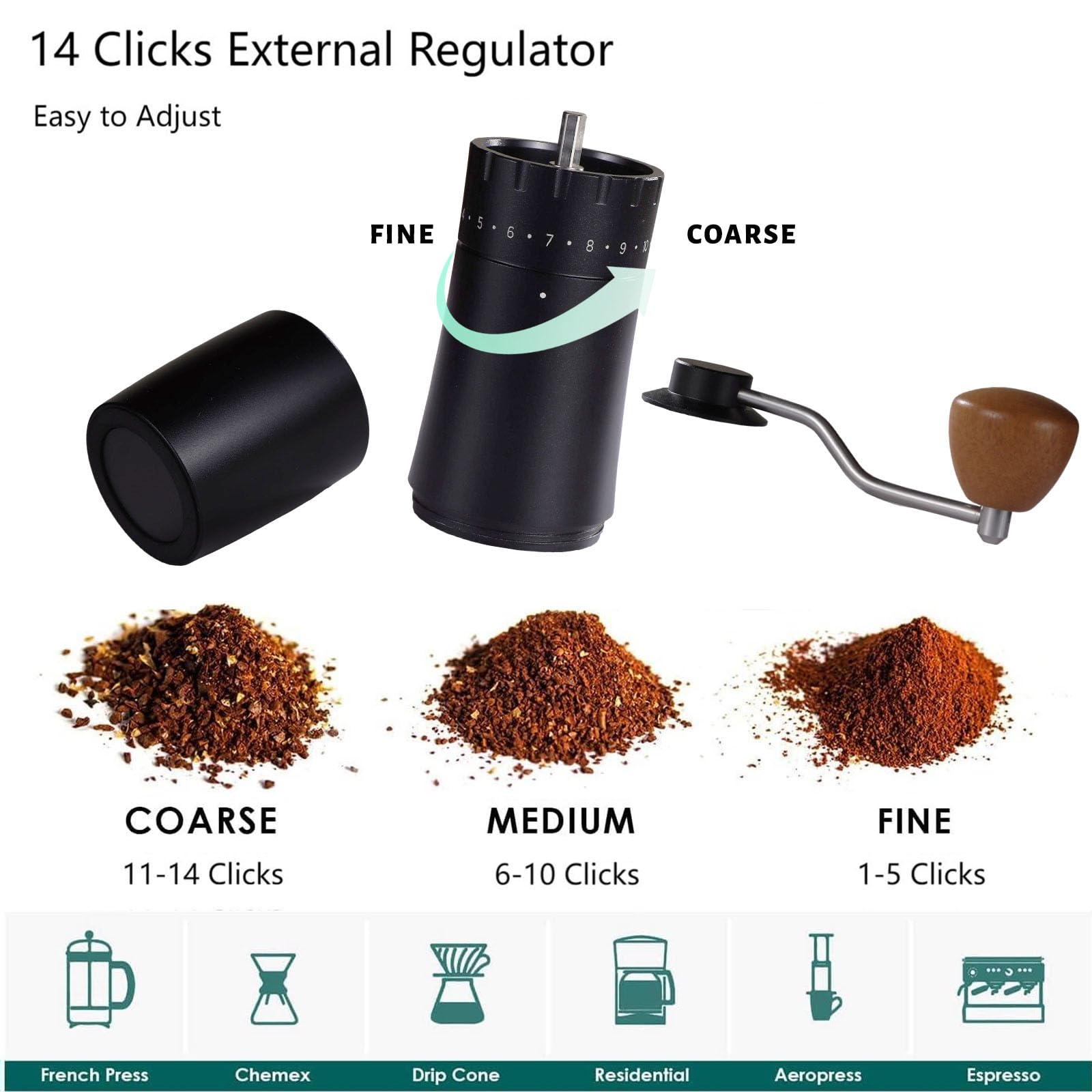 Molinillo de café manual con rebabas cónicas de acero inoxidable para prensa francesa, goteo, espresso, ajuste ajustable, perfecto para el hogar, la oficina y el campamento (negro-F18SW1)