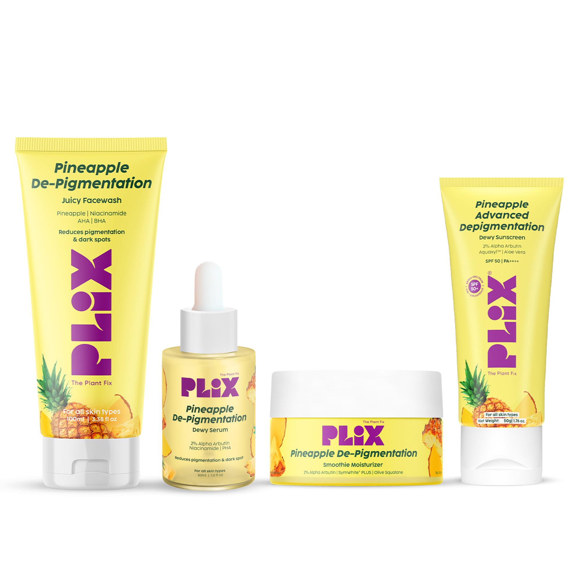 PLIX - THE PLANT FIX Pineapple Depigmentation Regime for Bright & Even Skin | Juicy Cleanser, Smoothie Moisturizer, 2% Alpha Arbutin Serum & Sunscreen with SPF 50 PA++++